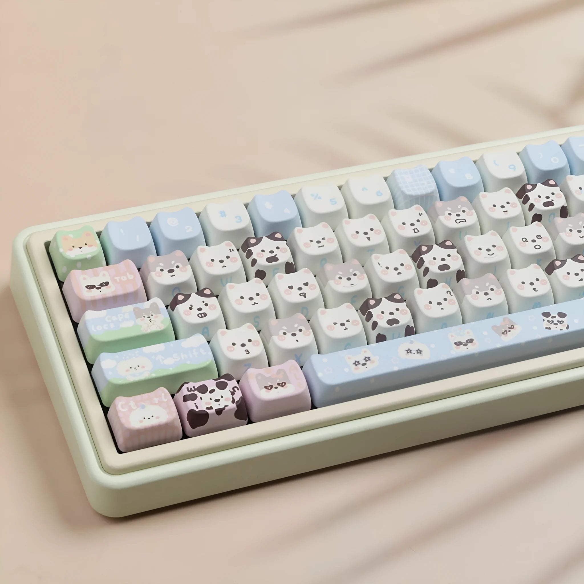 PBT key cap set with cat and puppy sublimation designs for mechanical keyboards