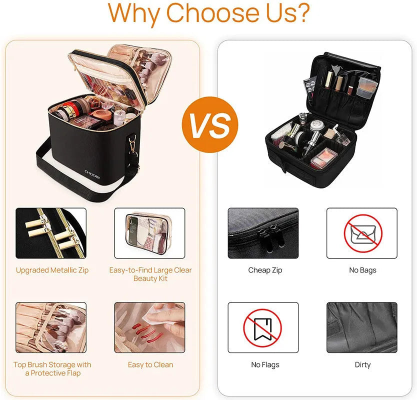 Black double-layer polyester cosmetic storage bag, 27x20x21cm, with soft handle and zip pockets.