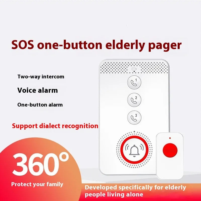 White central buzzer unit and three wireless emergency call buttons for elderly personal alarm system.