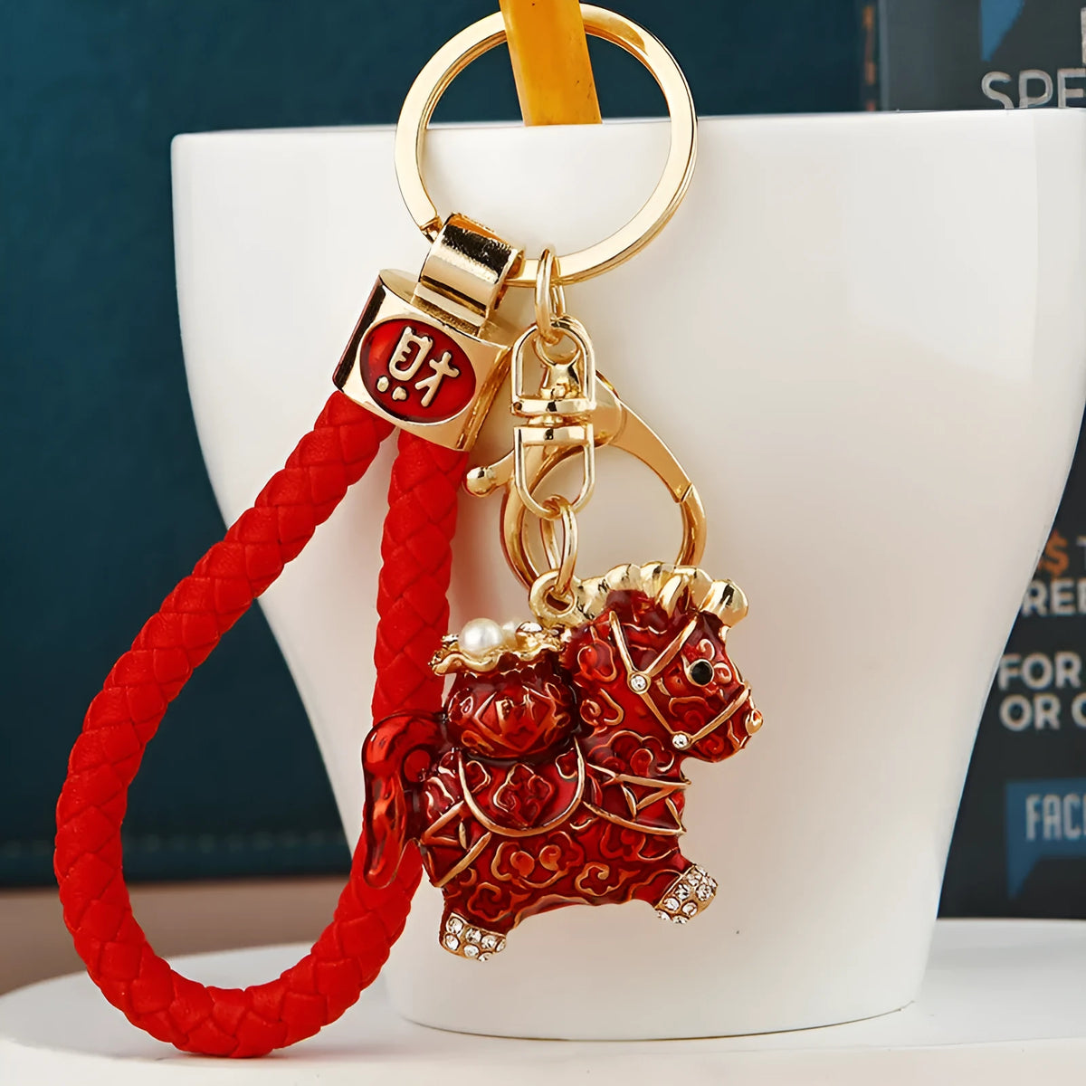 Chinese style diamond-embedded alloy car key ring with lucky rope in multiple colours