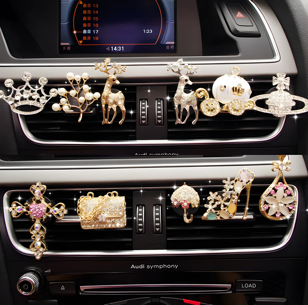 Alloy car perfume clip with liquid fruity scent attached to air vent in various cartoon styles