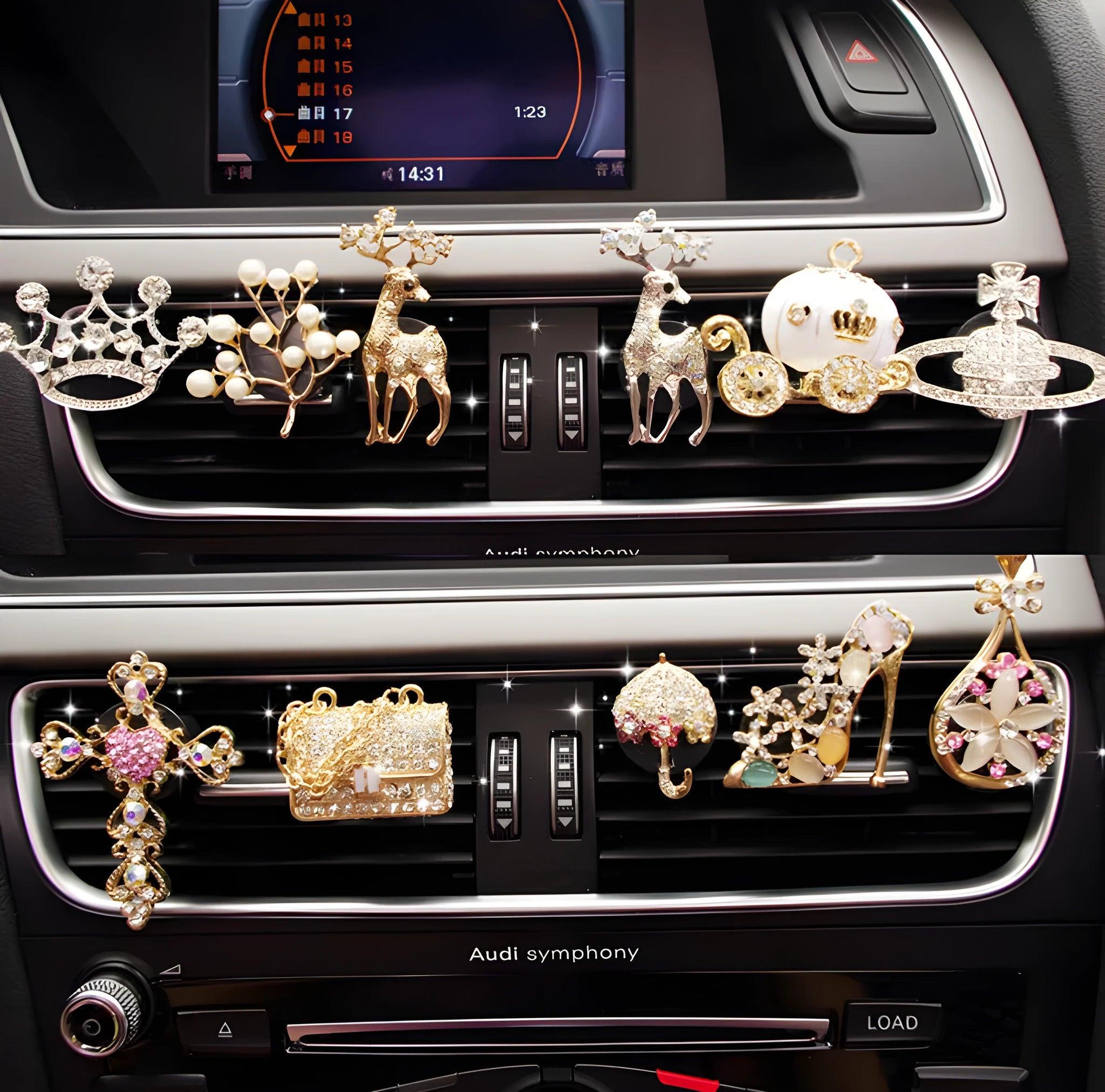 Alloy car perfume clip with liquid fruity scent attached to air vent in various cartoon styles