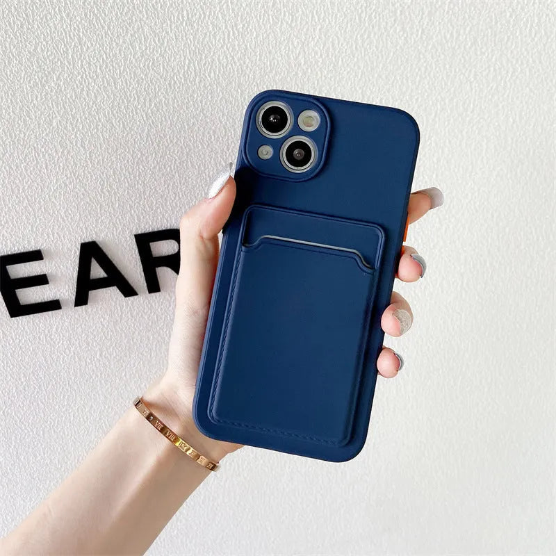 Sky blue colour-block silicone iPhone case with card slot for models 13 to 17