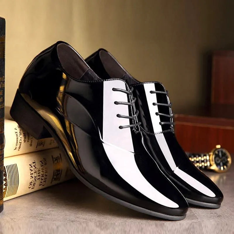 Men's black and brown business formal shoes with pointed toe design in artificial PU material