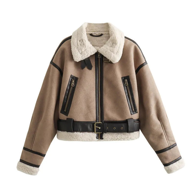 Women's loose long sleeve lamb wool splicing coat in khaki with PU fabric and zipper front
