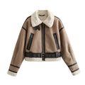 Women's loose long sleeve lamb wool splicing coat in khaki with PU fabric and zipper front