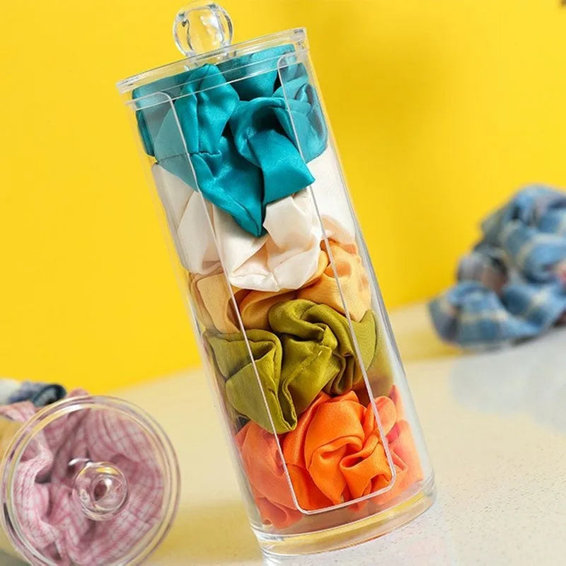 Transparent PE plastic pull-out storage box with cover for hair rings, desktop organiser, modern minimalist style.