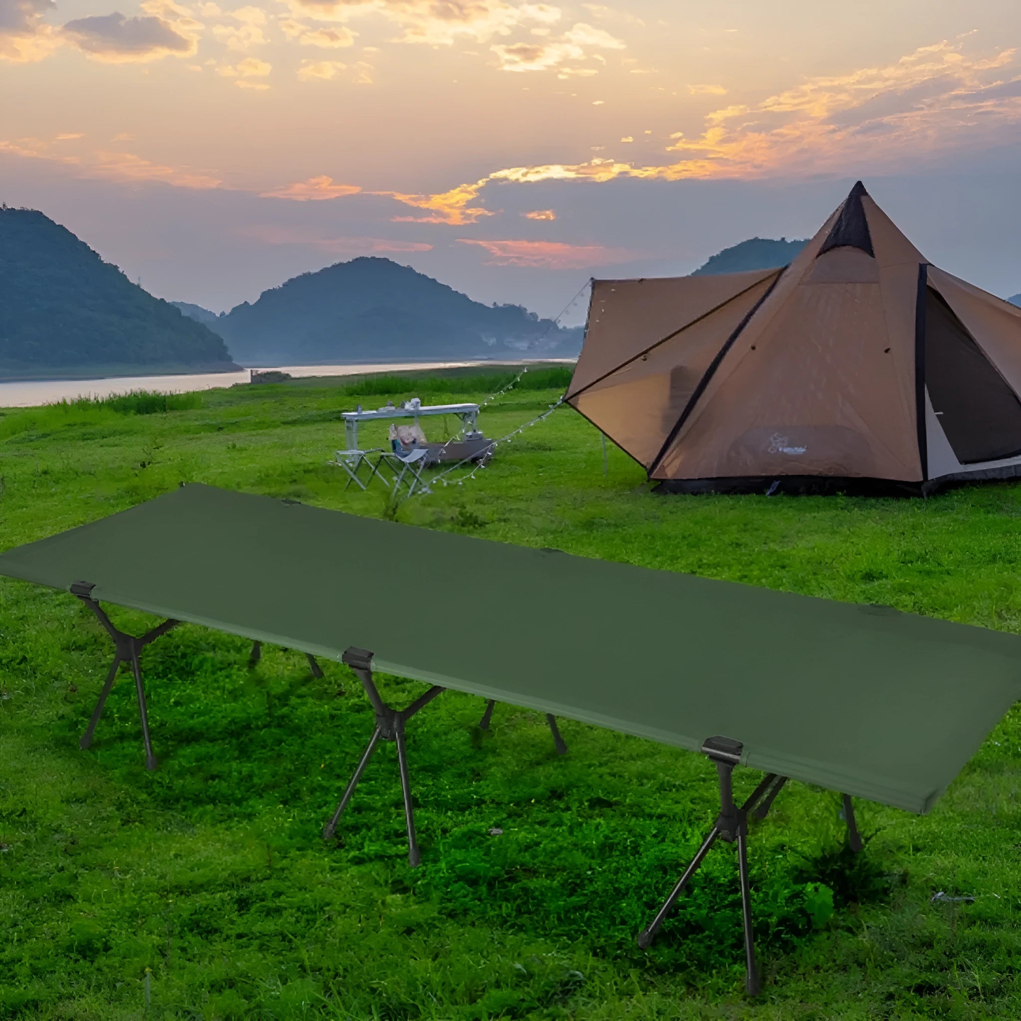 Lightweight portable folding bed set up outdoors in khaki colour with metal frame.