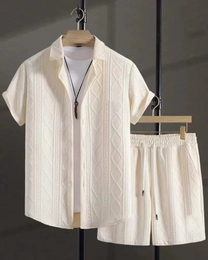 Men's black and white suit shorts set with short sleeve shirt and matching shorts