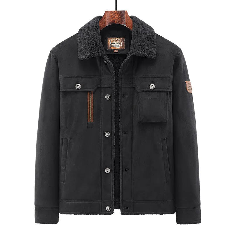 Men's deerskin jacket in khaki, front view, standard length 50cm, polyester fibre business formal coat