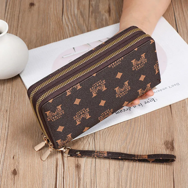 Black PU leather long wallet clutch with mobile phone compartment and zip coin purse
