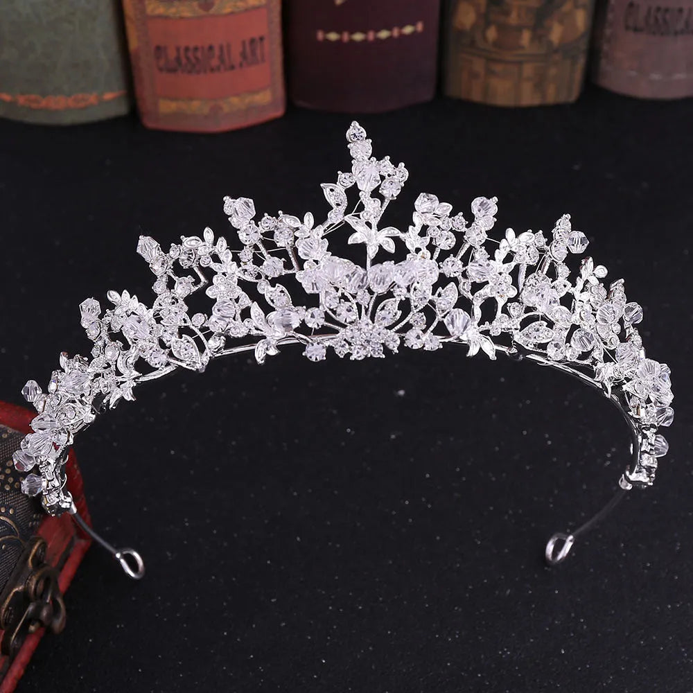 Handmade crystal crown tiara in thick silver finish with white crystals on alloy base