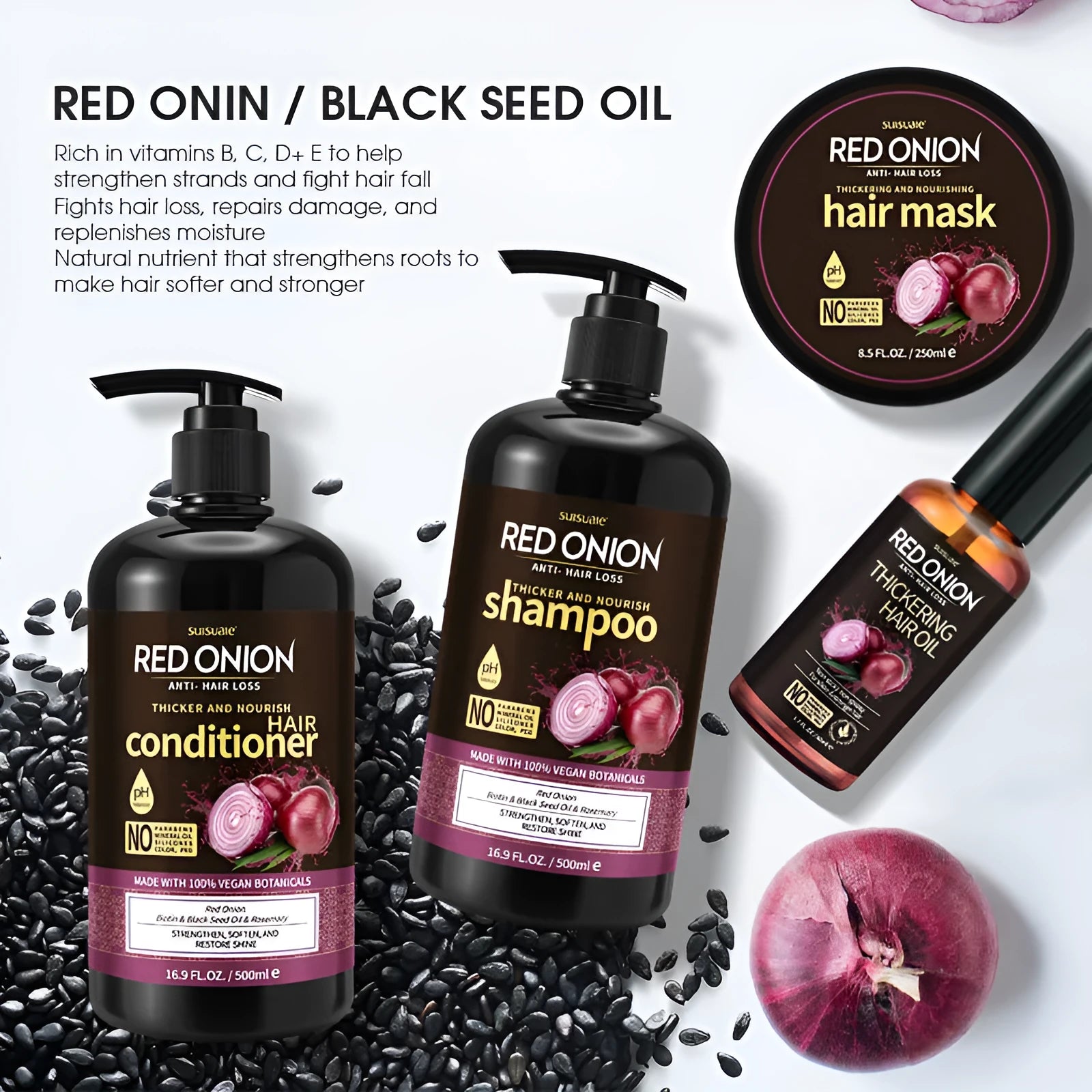 Red onion shampoo and conditioner 4-piece set with shampoo, conditioner, hair mask and essential oil bottles