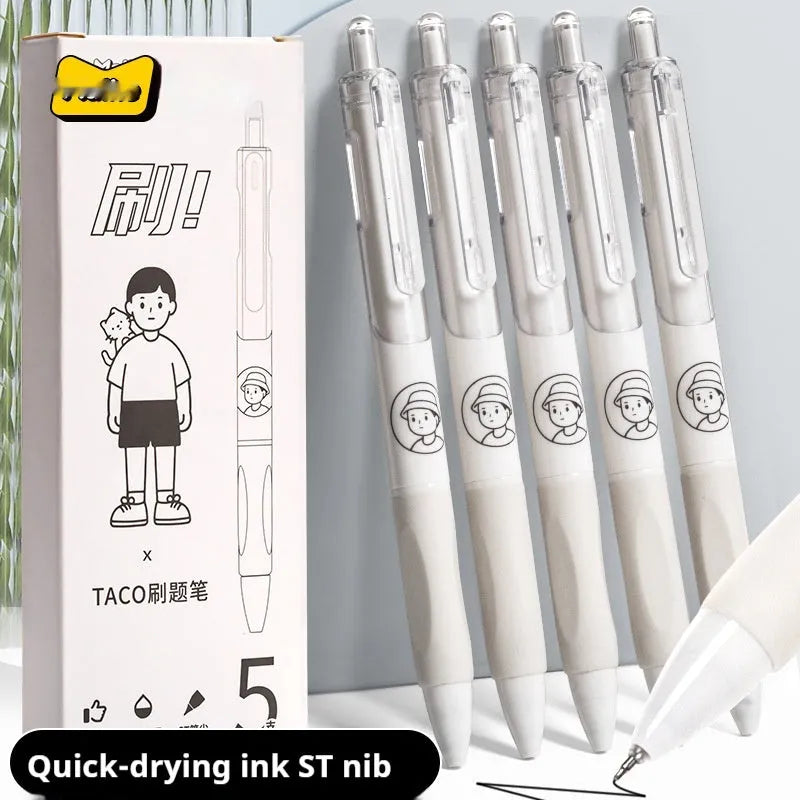 Set of five white and black 0.5mm ballpoint pens with quick-drying ink.
