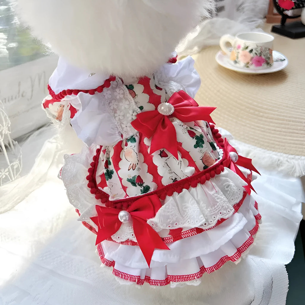 Rabbit design princess style polyester skirt for a small dog showing size guide.