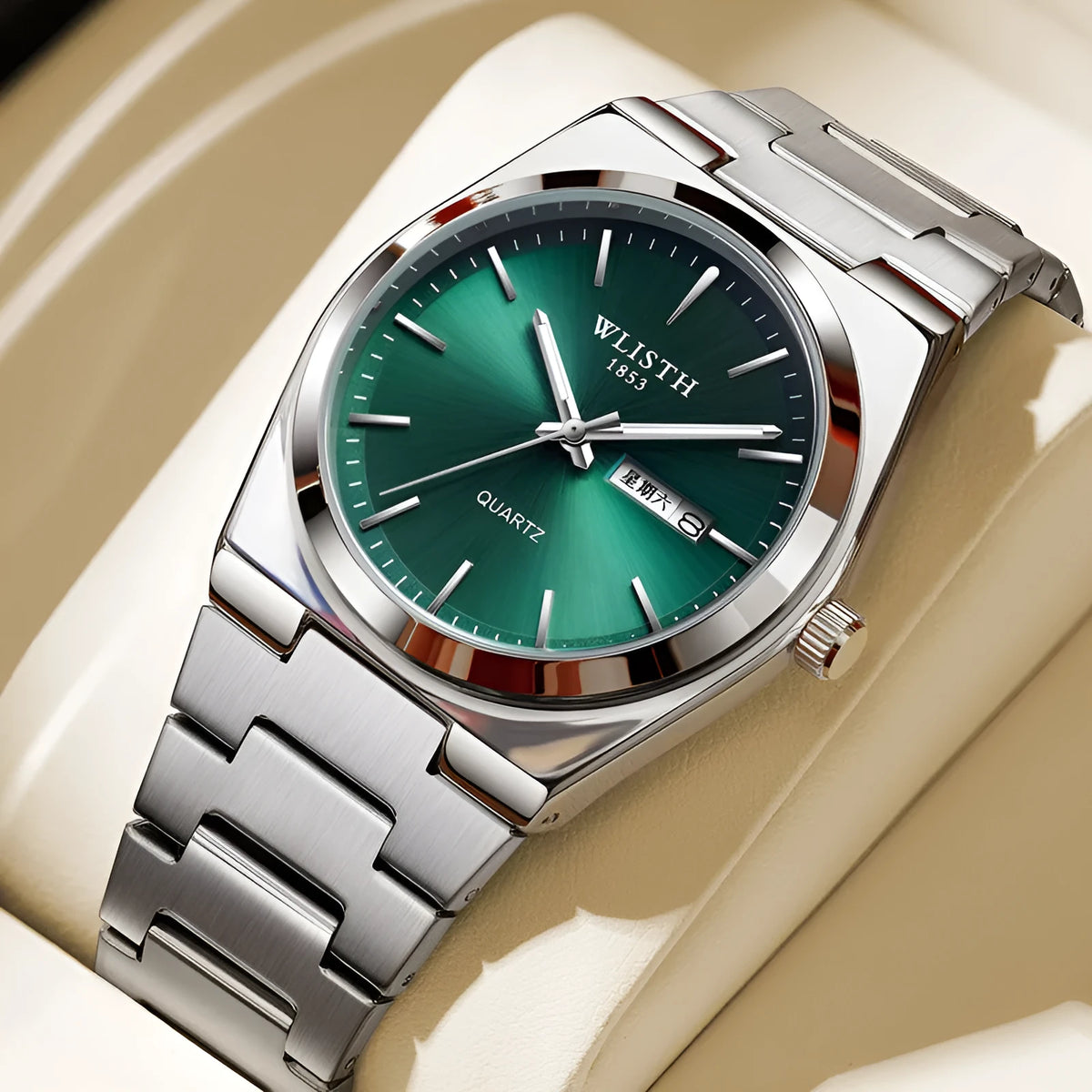Ultra-thin 10mm men's quartz watch with luminous waterproof design, shown in full gold, black, green, white, blue shell, and silver stripe options.