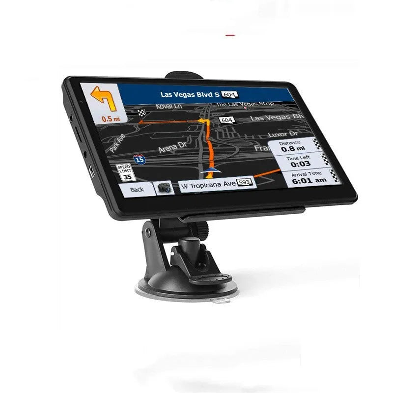 7-inch portable car GPS navigation device with touch screen on dashboard mounting bracket