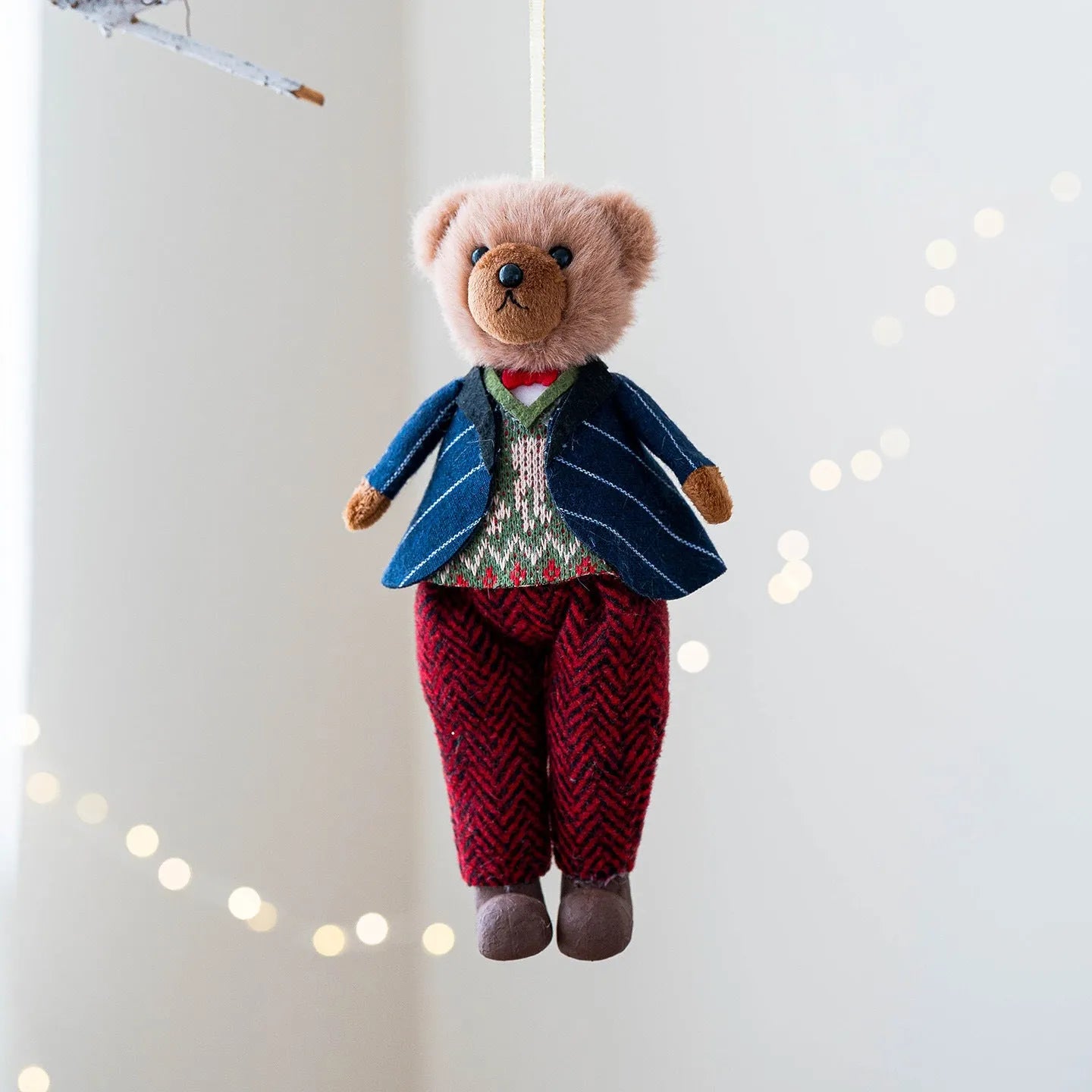 Cartoon-style plush bear doll couple set with princess and gentleman bears wearing cloth cotton plaid outfits