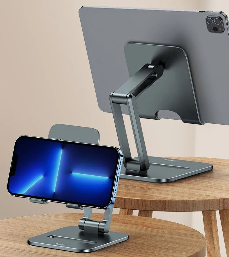 Deep space grey aluminium alloy folding stand holding a tablet and mobile phone separately