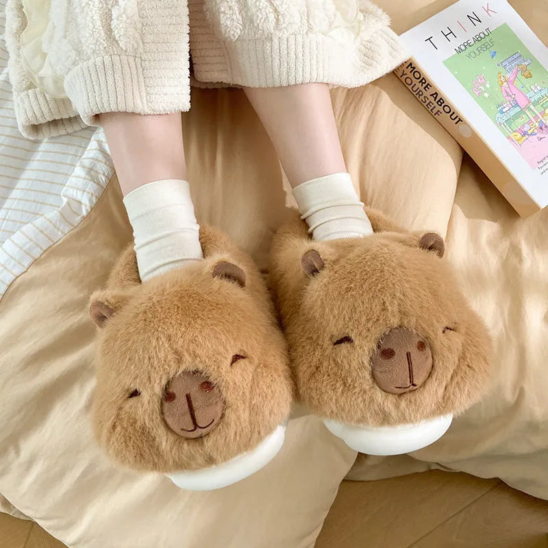 Light brown women's winter slippers with plush upper and artificial wool lining