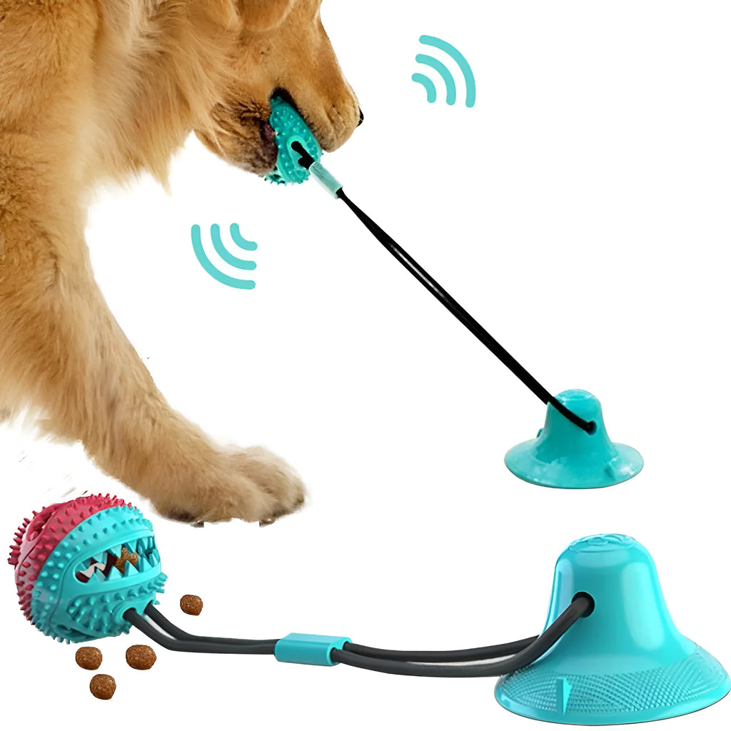Silicone suction cup tug dog toy ball for pet chew and tooth cleaning in red and blue