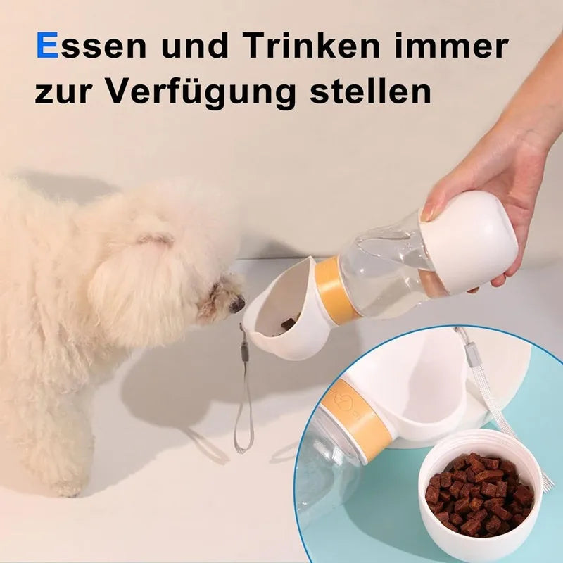 Portable dog water bottle with 2-in-1 water dispenser and food container, rotary switch, and attached belt, in purple colour.