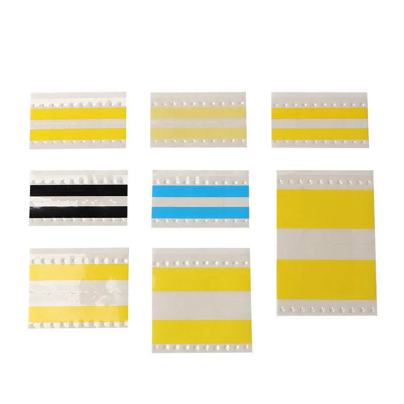 Rolls of yellow, black, blue, and beige SMT double-sided splicing tape in various widths for electronic assembly machines.