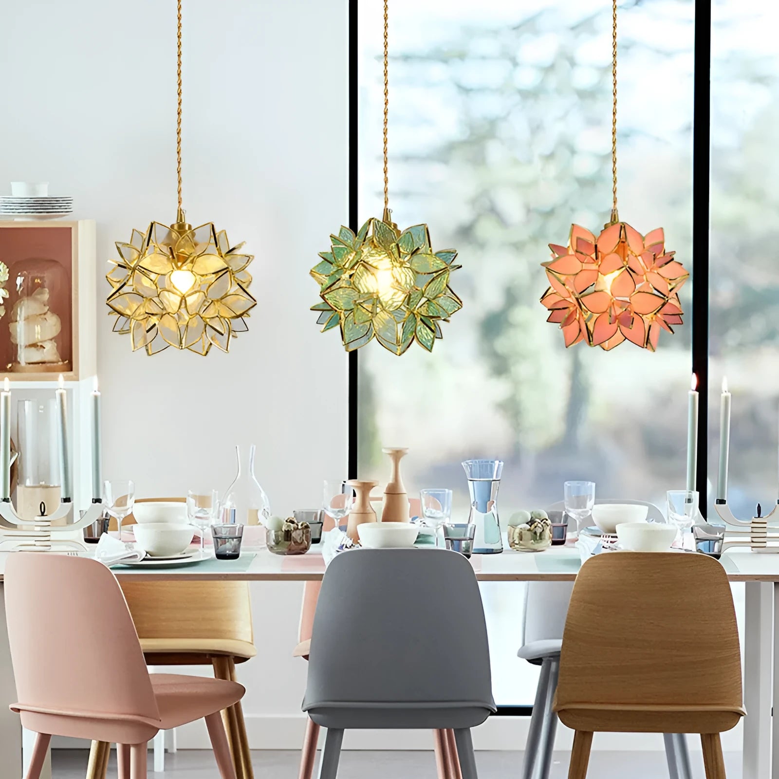 Stained glass hanging chandelier with copper fittings in blue, orange, pink, white or transparent colour options