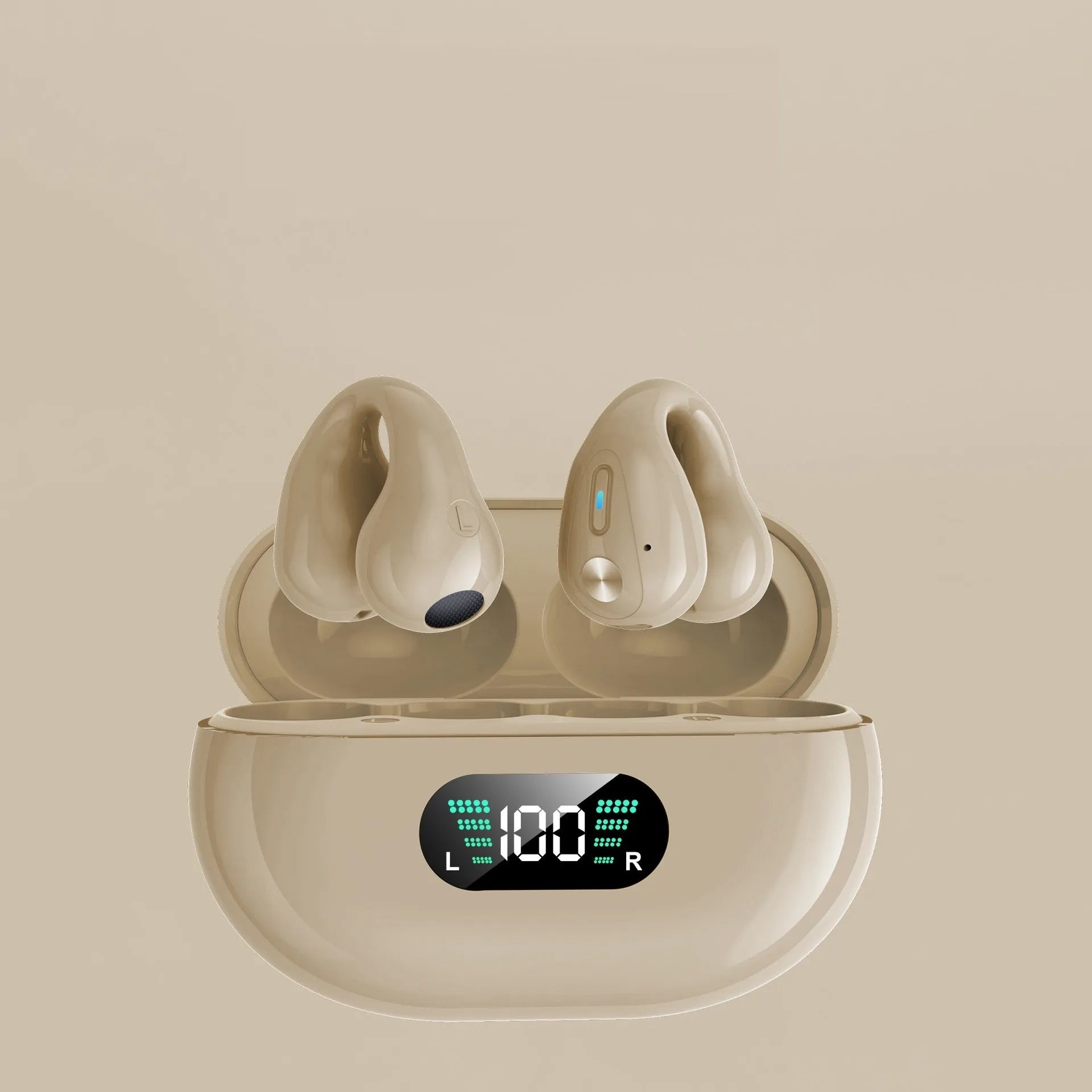 Clip-on bone conduction Bluetooth wireless headset in black, white, and khaki colour options.