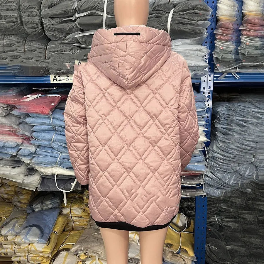 Women's casual hooded coat in black or pink with regular sleeves and polyester fabric