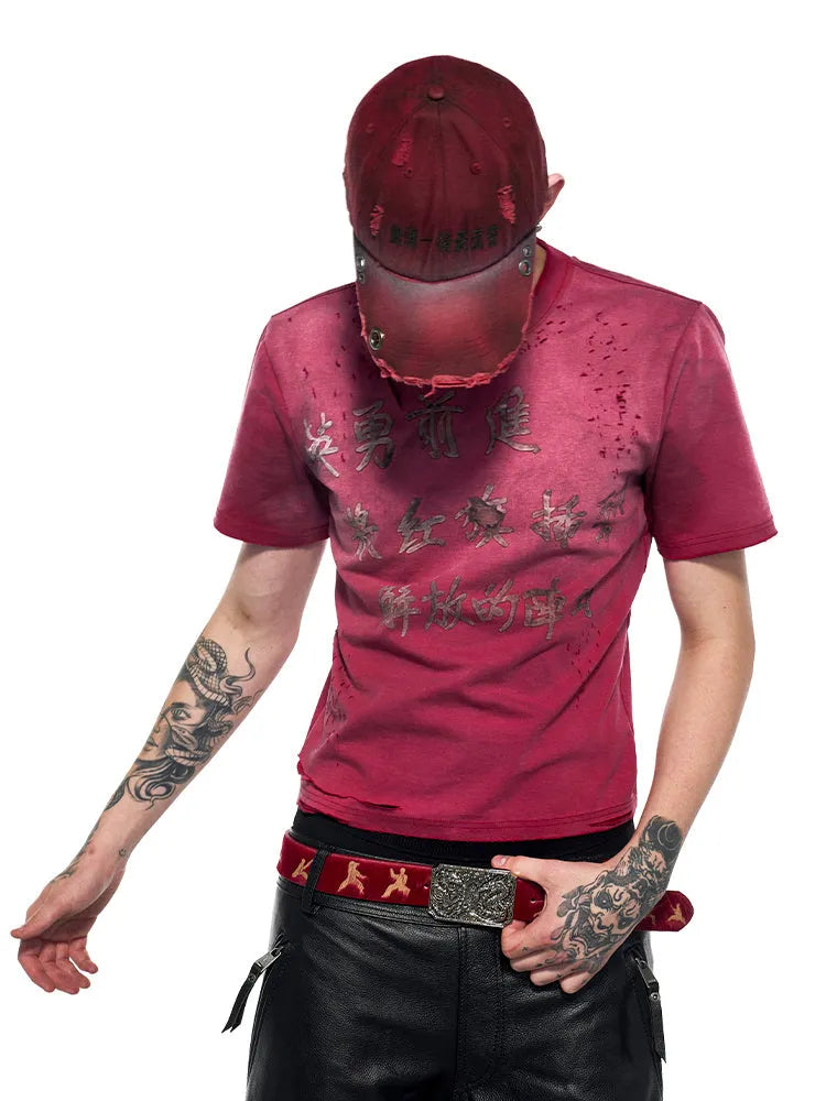 Men's slim-fit distressed red short sleeve T-shirt with round neck collar.