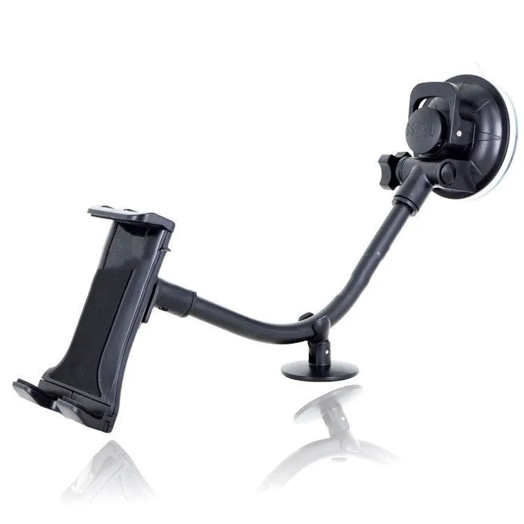 Black vehicle tablet holder with long suction cup rod for 4-12 inch tablets on car windscreen