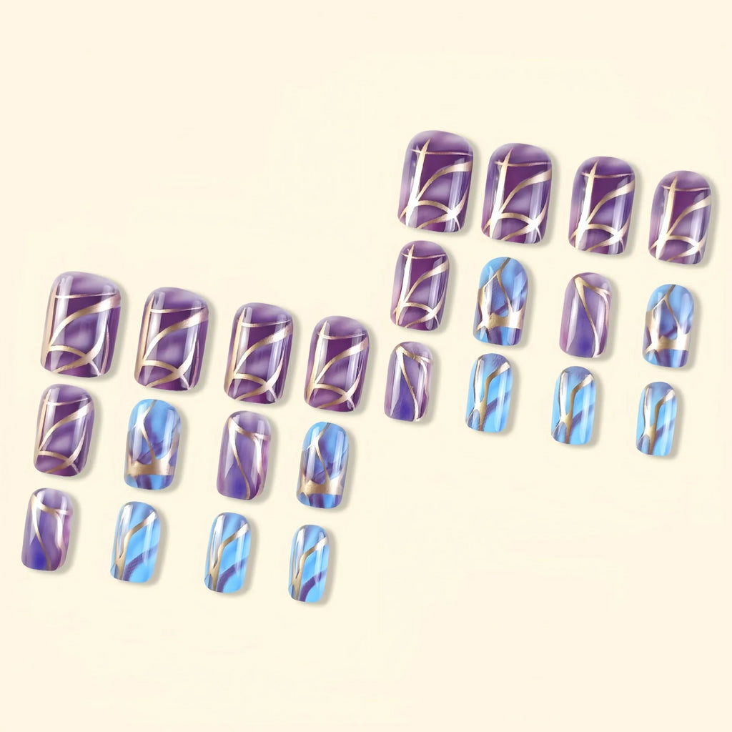 Purple striped nail stickers medium length European style with jelly glue adhesive
