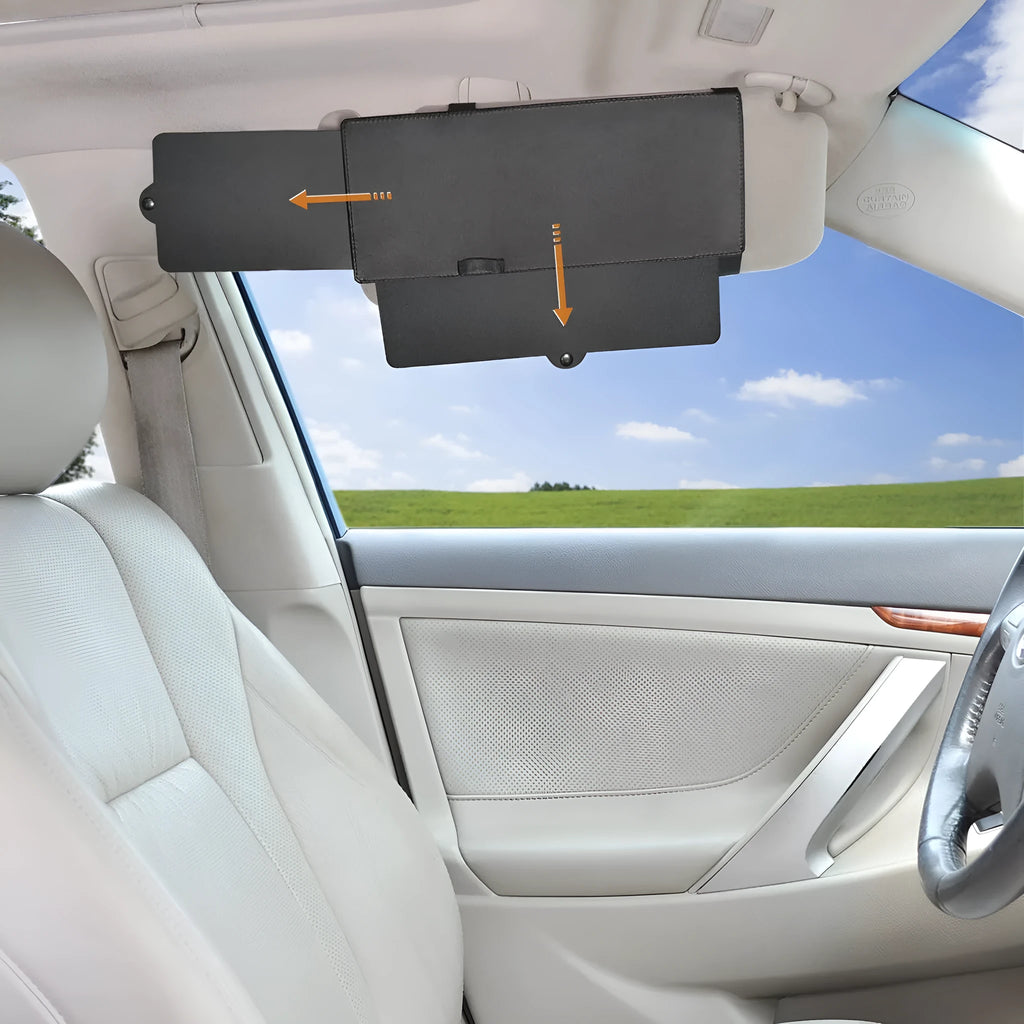 Portable retractable car sun visor in black PU leather PC board, 31x15cm, universal fit