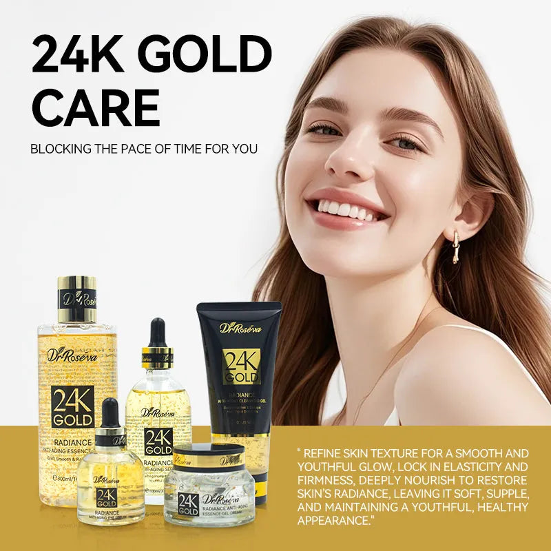 Dr Roseva 5 piece 24K gold radiance luxury skincare gift box with hyaluronic acid and niacinamide serum