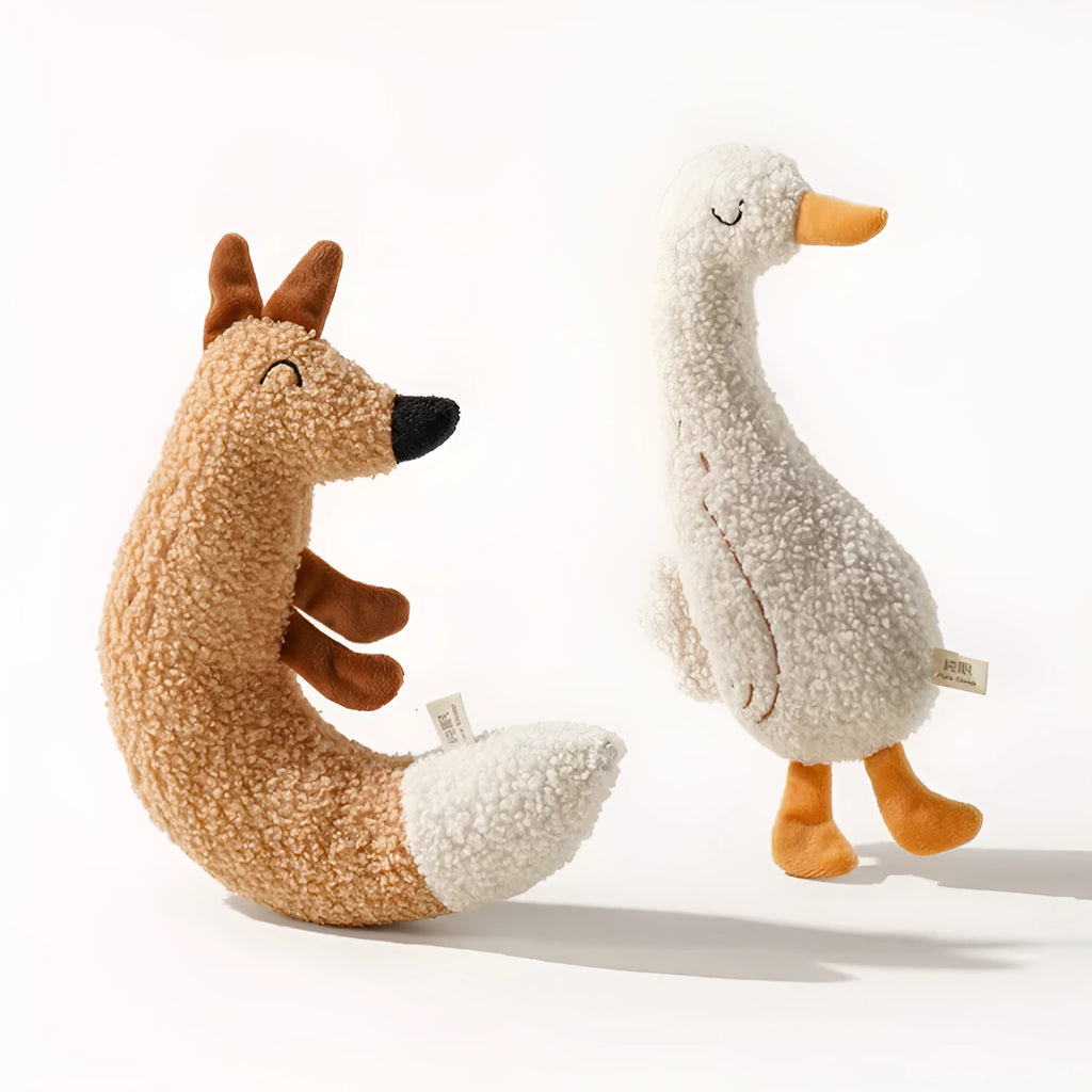 Cartoon plush dog chew toy in Fox or Duckling design with squeaker inside