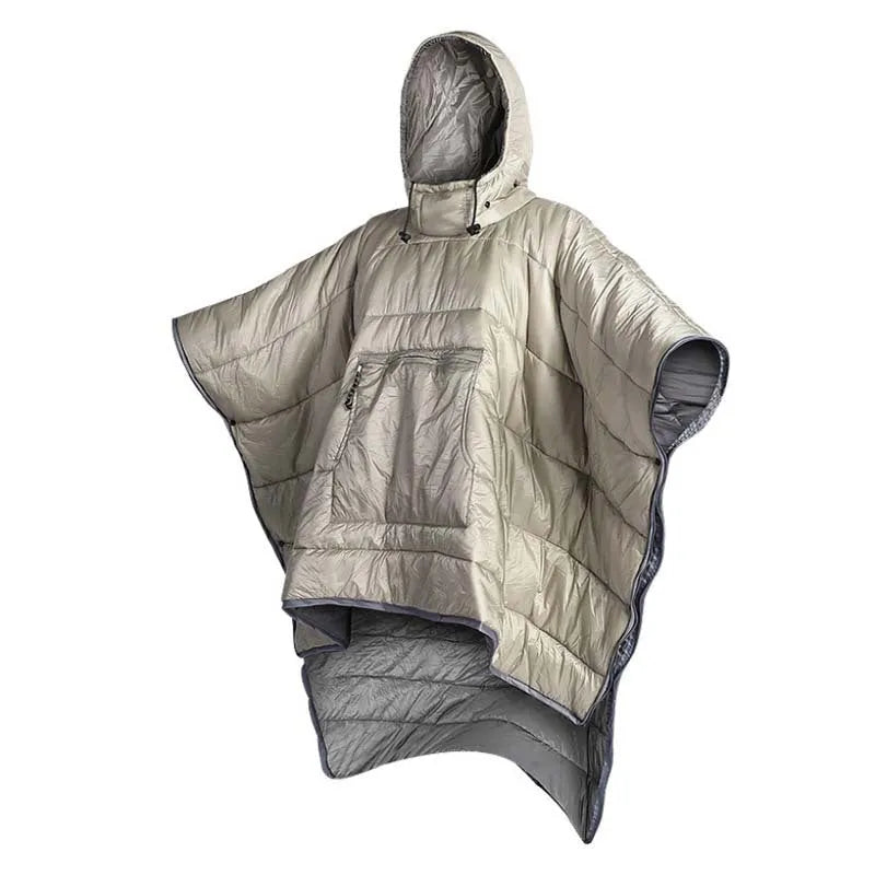Adult-sized grey outdoor cloak sleeping bag with hood, laid out flat showing its 200cm length.