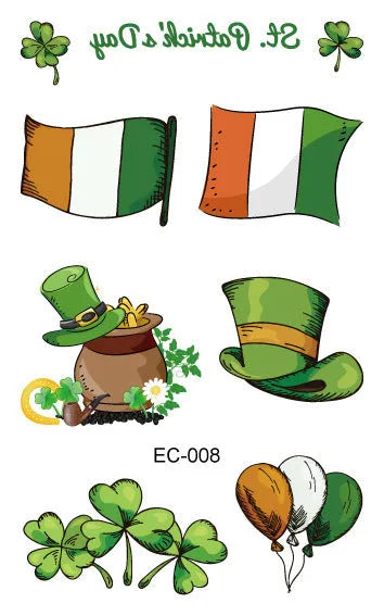 Temporary tattoo stickers with Irish festival flag designs for children, sized 120x75mm with St. Patrick's Day clover motif