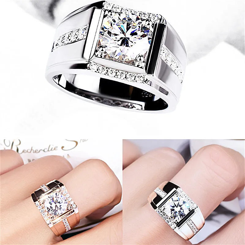 Men's adjustable opening ring with geometric diamond design in rose gold, gold, or platinum electroplated finish