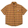 Yellow plaid loose fit short sleeve button-up shirt for men and women