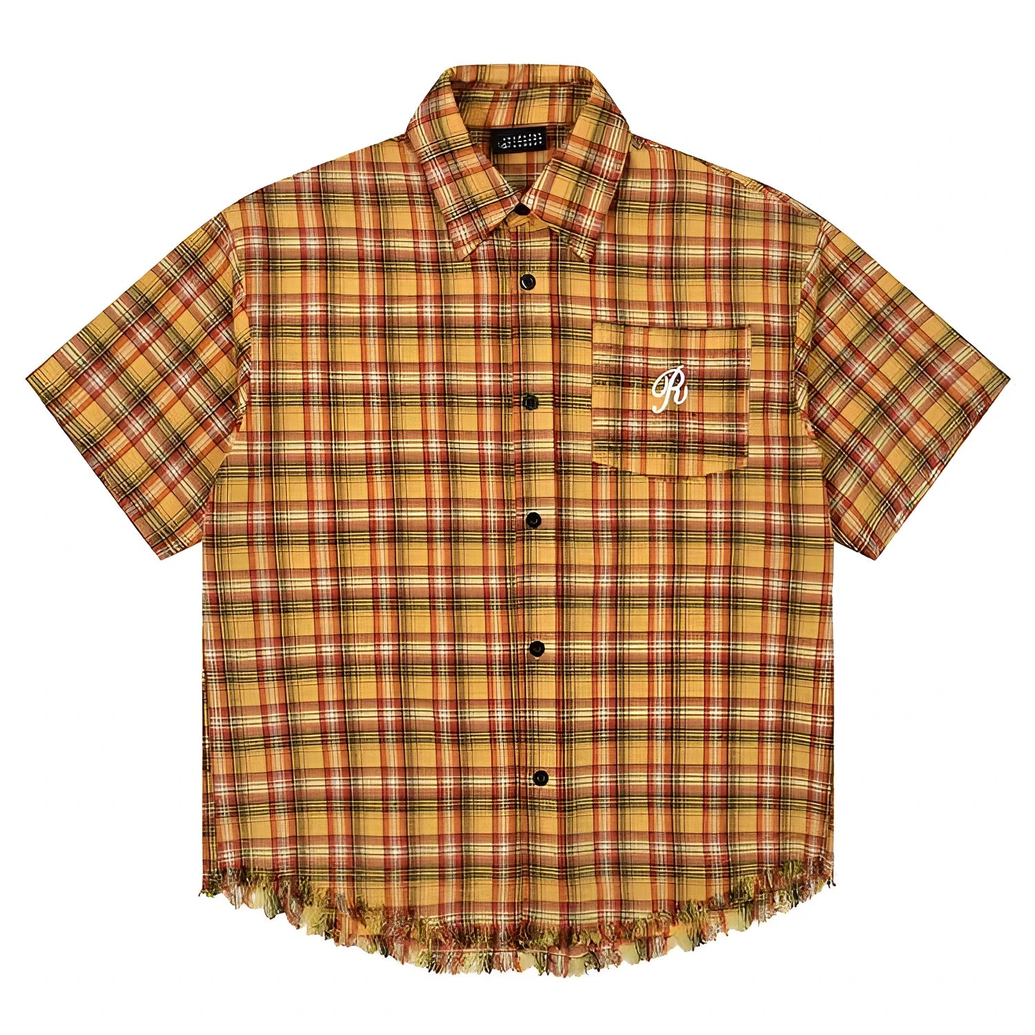 Yellow plaid loose fit short sleeve button-up shirt for men and women