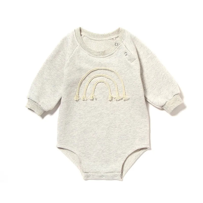 Waffle cotton baby romper with long sleeves in beige colour with cotton rope ties