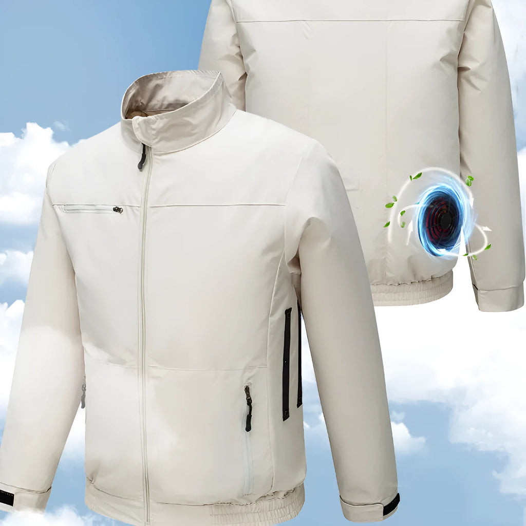 Men's black summer work jacket with ventilation holes and cooling fan system