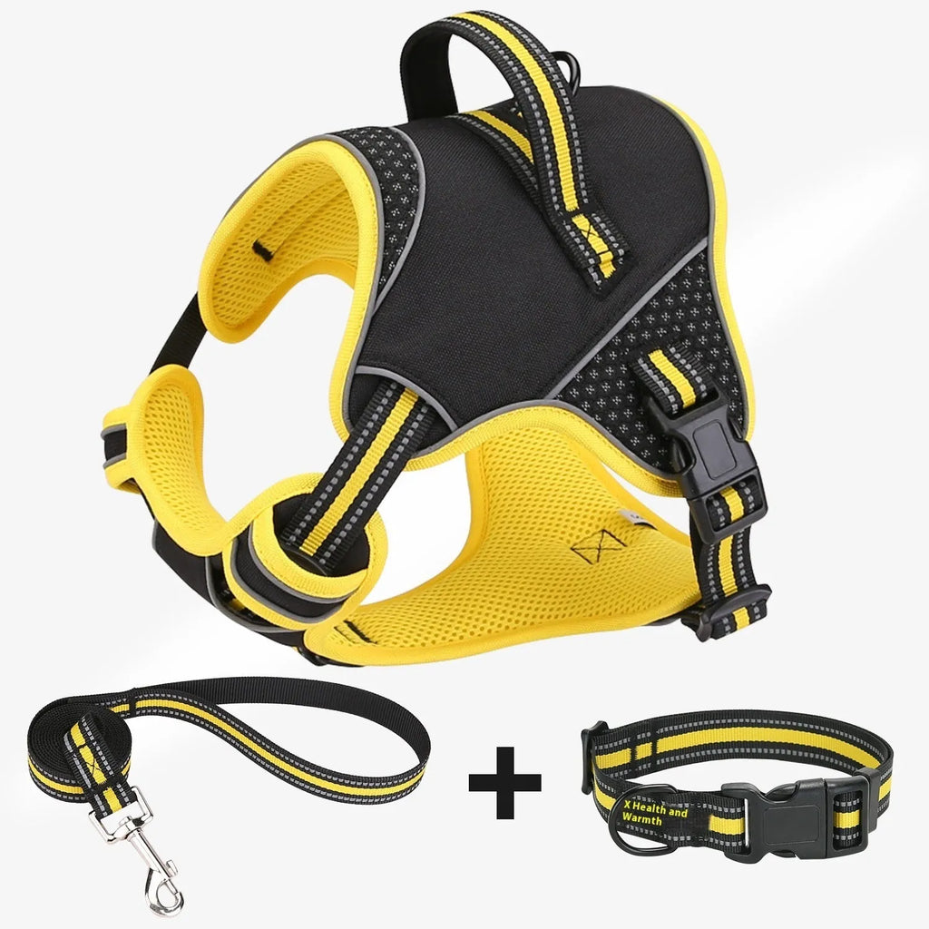 Yellow polyester dog harness and lead set with anti-break loose construction