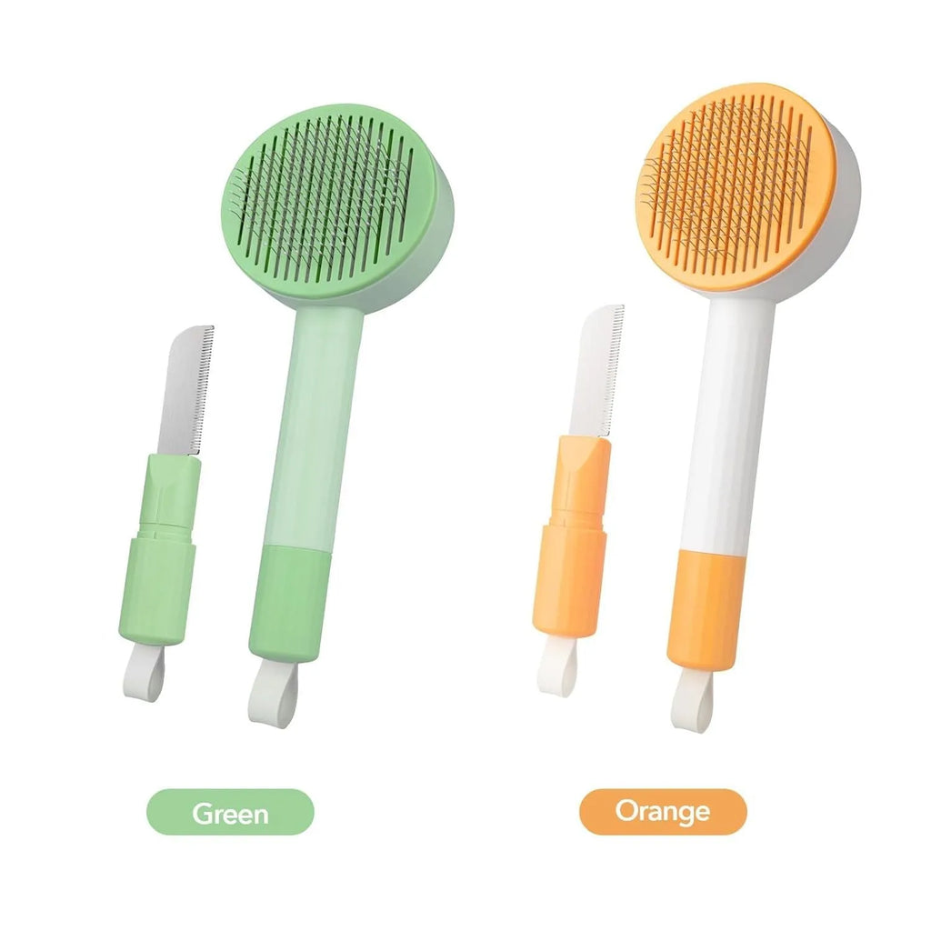 Green and yellow 2-in-1 stainless steel pet deshedding brush with hanging loop