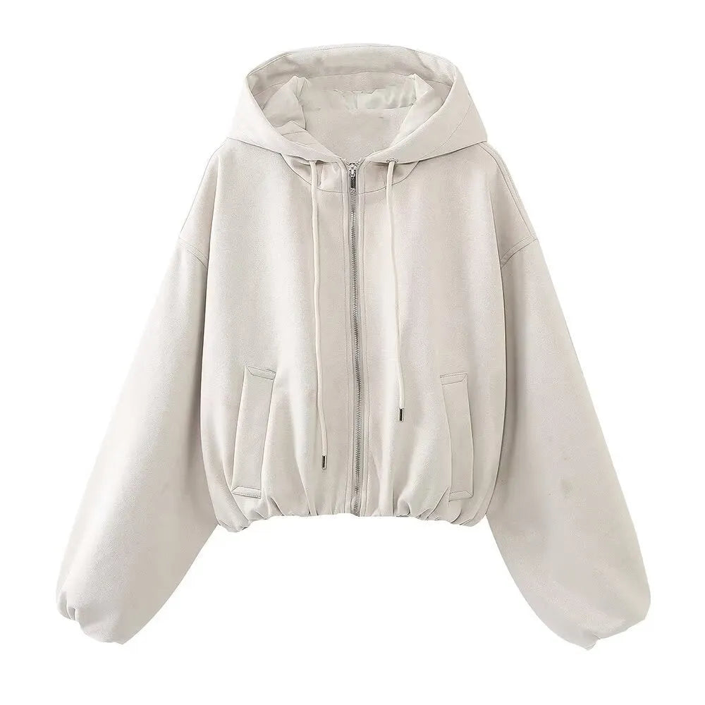 Women's casual hooded jacket in soft suede fabric, shown in black and white colour options.
