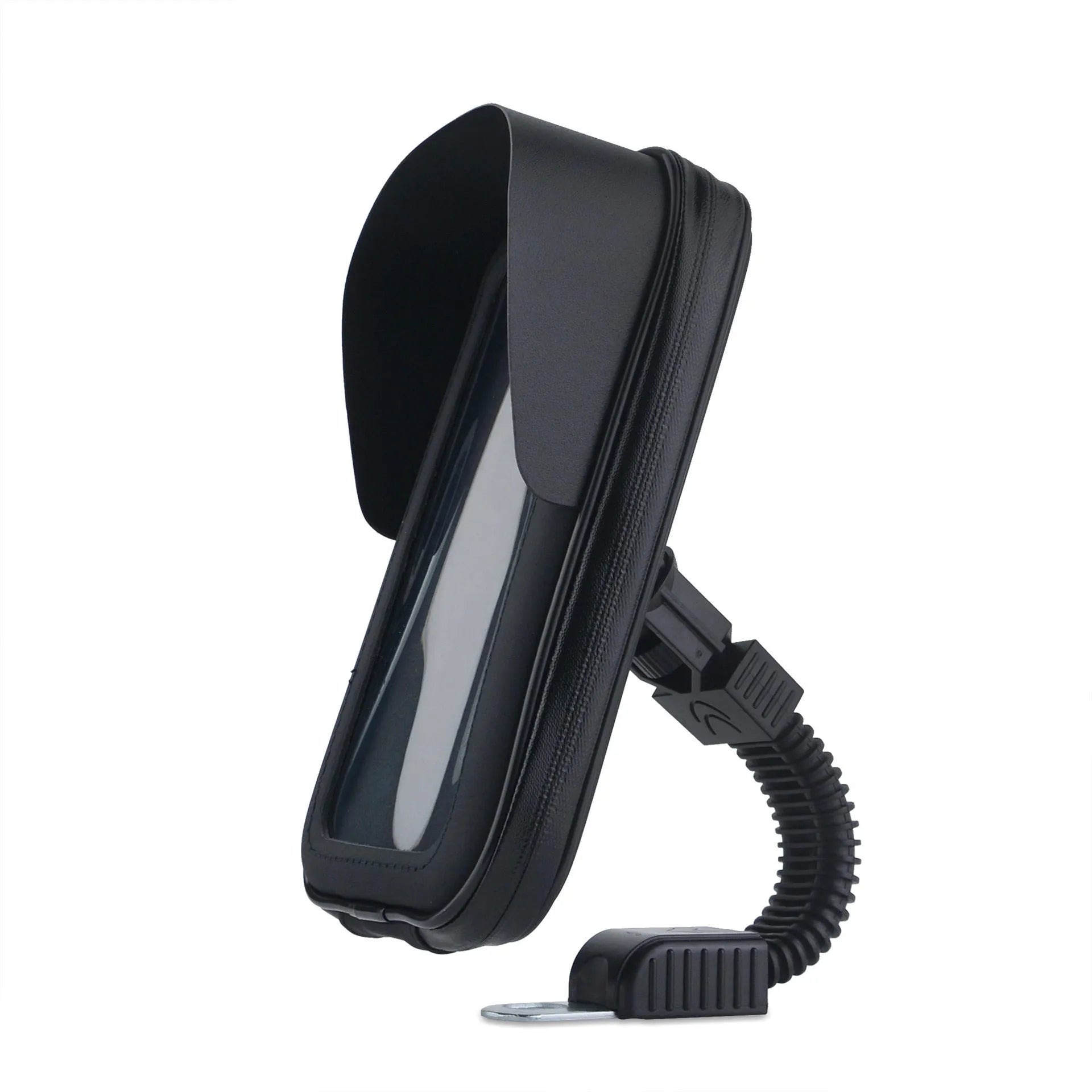 Black bicycle waterproof phone bag bracket mounted on handlebars, showing PU leather construction and sun visor.