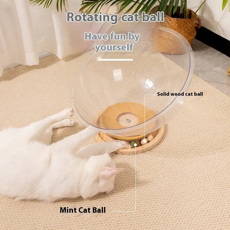 Transparent acrylic space capsule turntable cat bed enclosure shown in clear material with turntable base