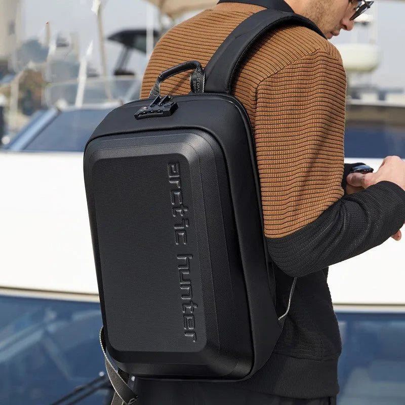 Black anti-seismic hard shell anti-theft backpack with letter design for college students, 18 inch size