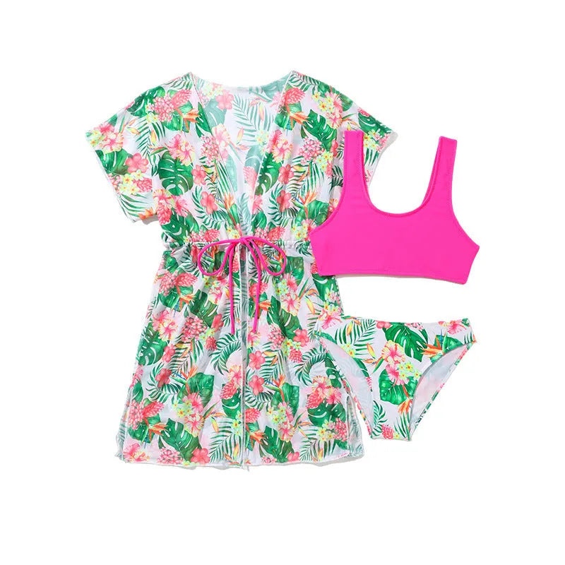 Girls' two-piece floral swimsuit in Korean style with high elasticity polyester fabric